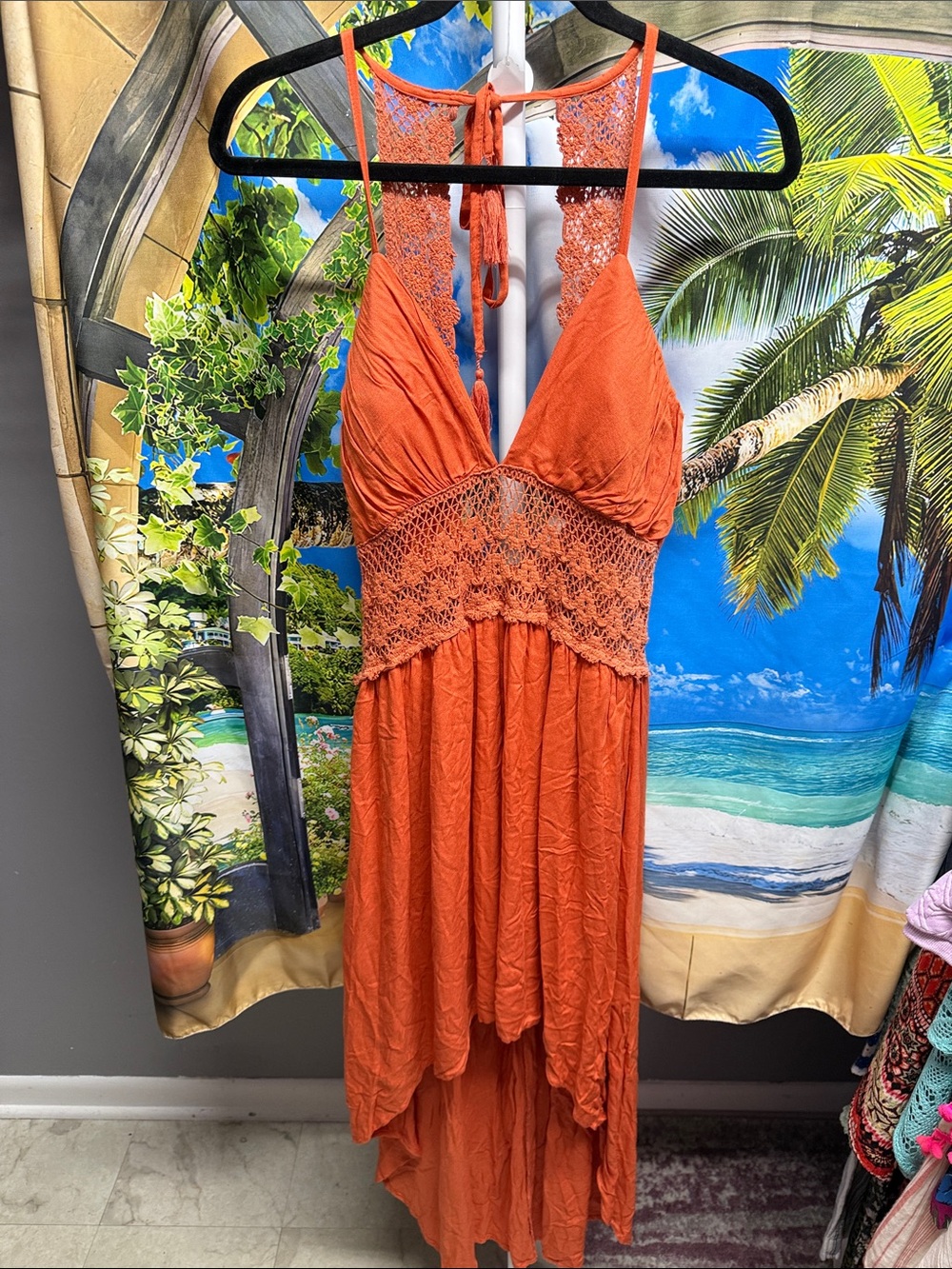 Jolie & Joy Rust Orange Crochet Waist High-Low Maxi Dress